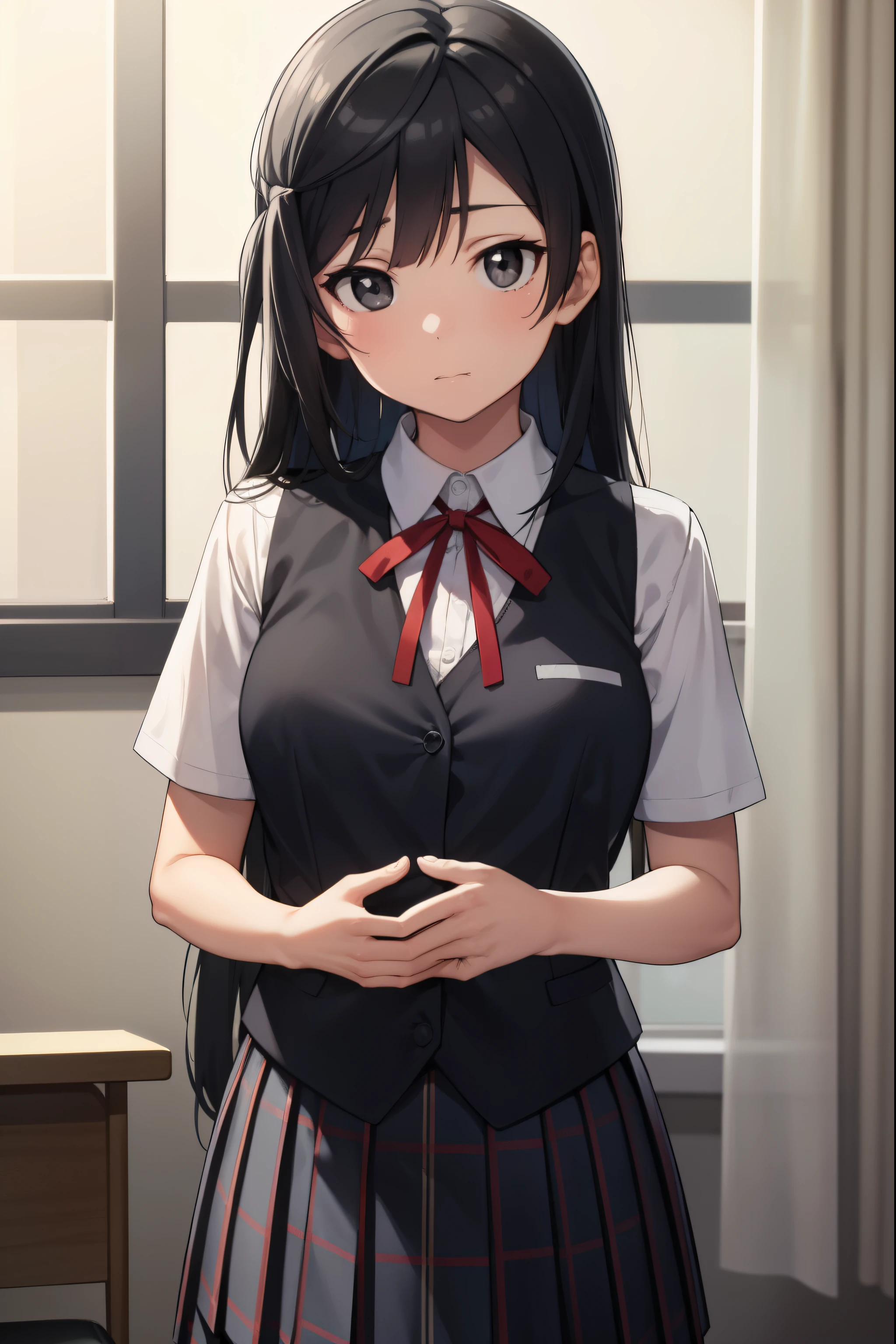 setsunayuuki, setsuna yuuki, (black eyes:1.5), black hair, long hair, one side up, (medium breast:1.2), 
BREAK armband, blue vest, buttons, collared shirt, dress shirt, grey skirt, neck ribbon, nijigasaki academy school uniform, plaid, plaid skirt, pleated skirt, red ribbon, ribbon, school uniform, shirt, short sleeves, skirt, summer uniform, vest, white shirt,
BREAK looking at viewer, 
BREAK indoors, classroom, 
BREAK (masterpiece:1.2), best quality, high resolution, unity 8k wallpaper, (illustration:0.8), (beautiful detailed eyes:1.6), extremely detailed face, perfect lighting, extremely detailed CG, (perfect hands, perfect anatomy),