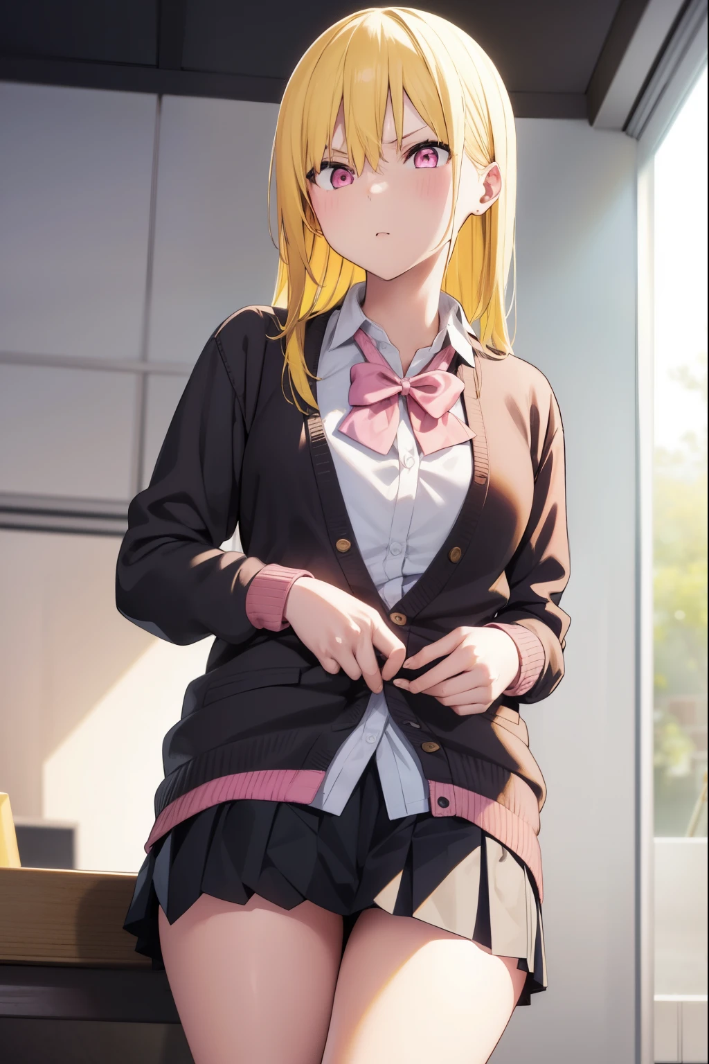 gyaruharuka, gyaru haruka, long hair, bangs, blonde hair, (yellow hair:1.5), (pink eyes:1.5), earrings, mole, mole under mouth,
BREAK skirt, shirt, bow, school uniform, white shirt, pleated skirt, open clothes, socks, collared shirt, bowtie, black skirt, red bow, cardigan, black socks, red bowtie, light brown cardigan,
BREAK indoors, classroom,
BREAK looking at viewer,
BREAK (masterpiece:1.2), best quality, high resolution, unity 8k wallpaper, (illustration:0.8), (beautiful detailed eyes:1.6), extremely detailed face, perfect lighting, extremely detailed CG, (perfect hands, perfect anatomy),