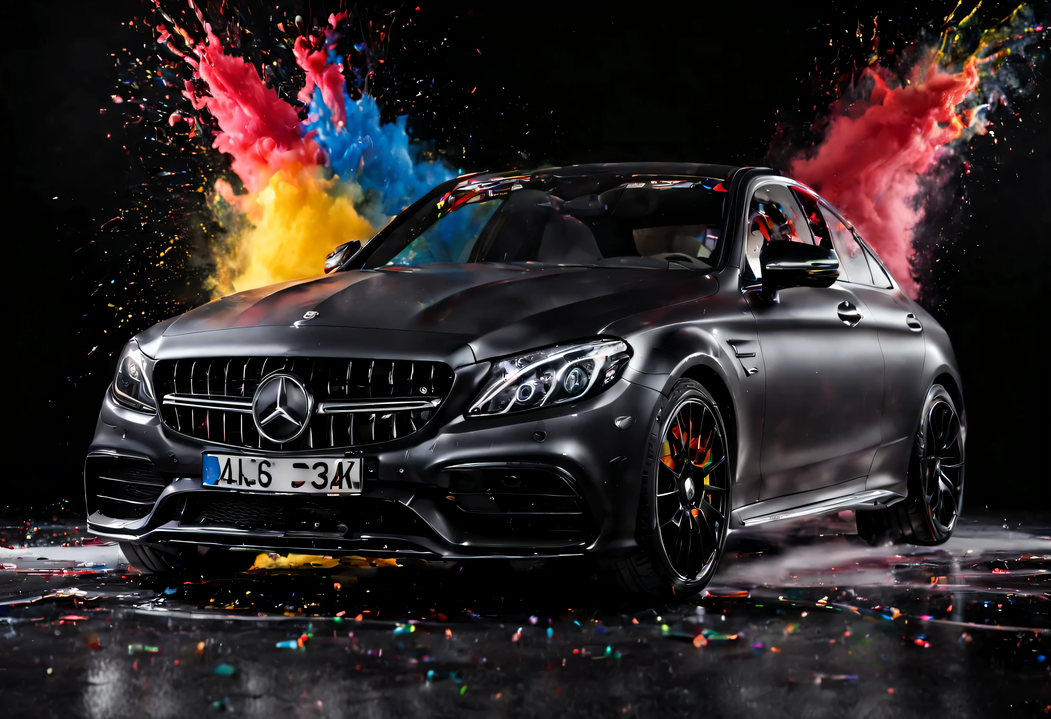 Mercedes C63 AMG, dans une photo de studio professionnel, fond noir, with a paint explosion behind the car, 4k, high quality