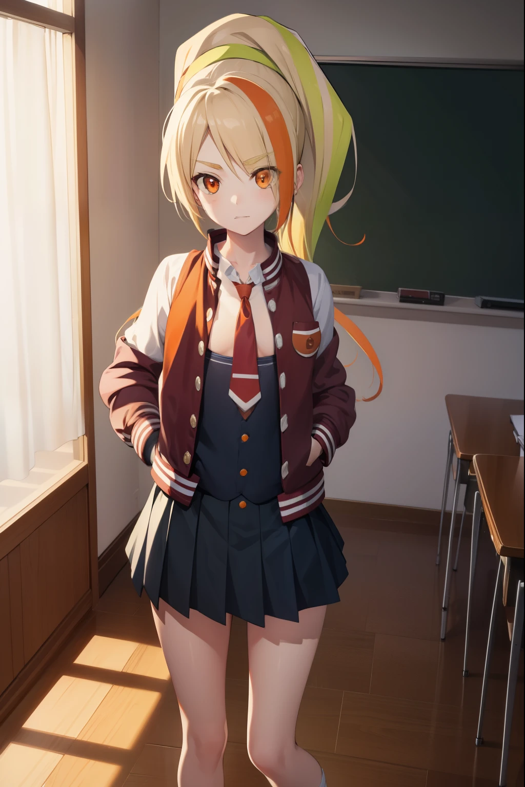 sakinikaidou, saki nikaidou, blonde hair, eyes visible through hair, hair over one eye, light green hair, long hair, multicolored hair, (orange eyes:1.5), orange hair, ponytail, streaked hair, (small breast:1.2),
BREAK blue skirt, jacket, (letterman jacket:1.5), necktie, orange necktie, skirt,
BREAK looking at viewer, full body,
BREAK indoors, classroom,
BREAK (masterpiece:1.2), best quality, high resolution, unity 8k wallpaper, (illustration:0.8), (beautiful detailed eyes:1.6), extremely detailed face, perfect lighting, extremely detailed CG, (perfect hands, perfect anatomy),