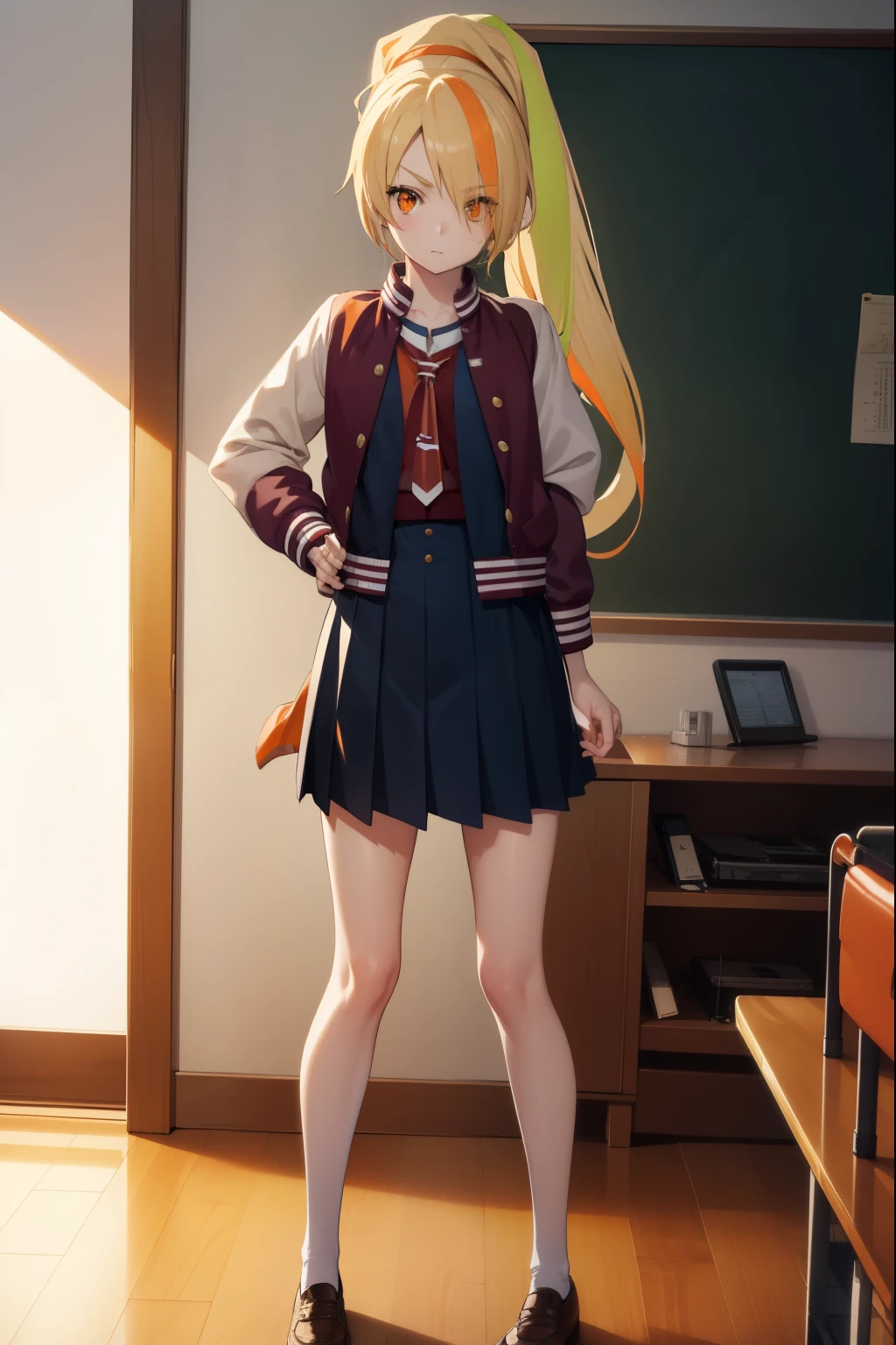 sakinikaidou, saki nikaidou, blonde hair, eyes visible through hair, hair over one eye, light green hair, long hair, multicolored hair, (orange eyes:1.5), orange hair, ponytail, streaked hair, (small breast:1.2),
BREAK blue skirt, jacket, (letterman jacket:1.5), necktie, orange necktie, skirt,
BREAK looking at viewer, full body,
BREAK indoors, classroom,
BREAK (masterpiece:1.2), best quality, high resolution, unity 8k wallpaper, (illustration:0.8), (beautiful detailed eyes:1.6), extremely detailed face, perfect lighting, extremely detailed CG, (perfect hands, perfect anatomy),