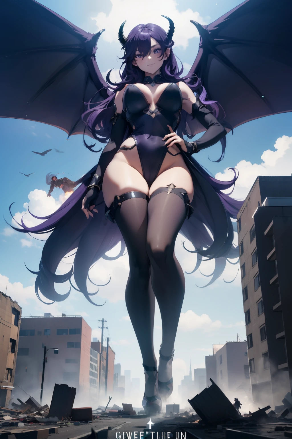 giant girl 50,000 feet high，Have a pair of long legs，Possessing a pair of huge demon wings，Has purple waist-length hair，Loose hair，Wearing a pair of Mary Jane shoes，Purple curly hair，A look of enjoyment，Standing tall in a destroyed city，Beautiful appearance，Exquisite makeup，quality，8k,high quality,(governor:1.5)，Aerial View，perfect proportions, Cinema lighting, film grain, Fuji colors, 8k, textured skin, Super details, high detail, high quality, high resolution,explode，fake smile，black stockings，blood stains，脚底有blood stains