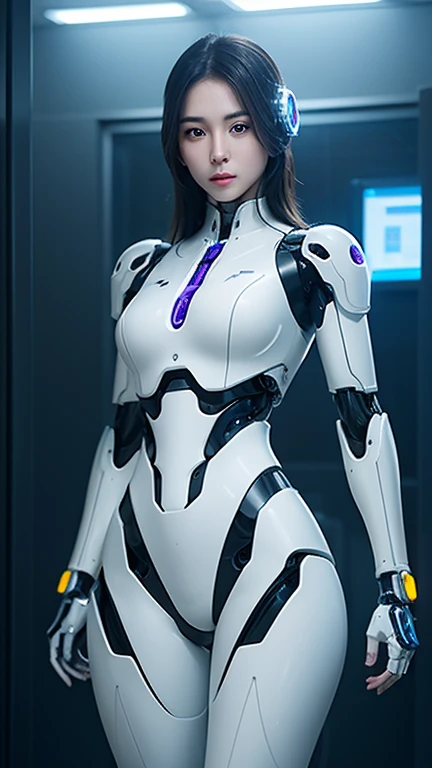 bio-mechanical Cyborg robot(female)clear the body, beautiful robot assembled in a laboratory (future), hyper-realistic digital, fantastic, surreal, medium body shot, dynamic pose
