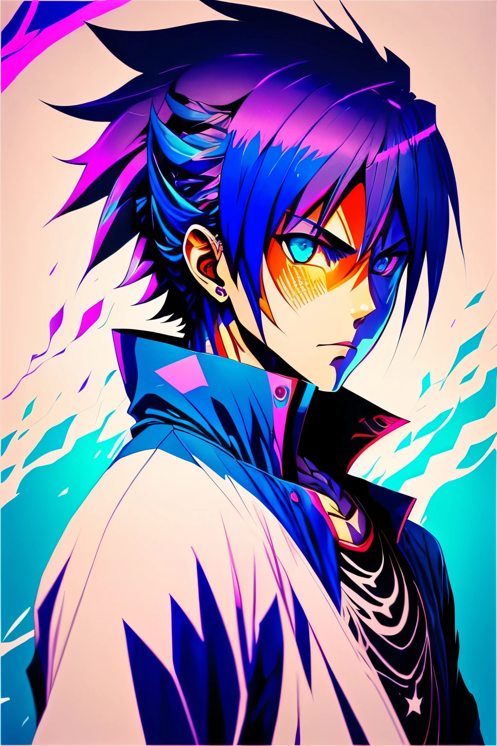 (((obra de arte, Mais alta qualidade, High definition, alto detalhe)))), 4k uma pintura colorida do Sasuke Uchiha em um fundo preto, Rainbow fusion color scheme, vida, imagem de avatar, fundo transparente, art vida, um retoque colorido, stunning rendering, vida e vida