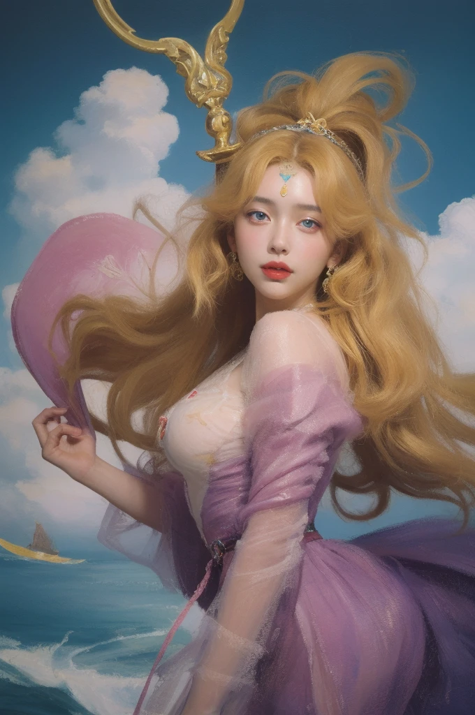 (oil painting:1.5), (NSFW:1.2), a woman joyfully twirling in the raining paint, paint raining, thick paint rainbow hair, body covered with paint, joyful, ((sfw)), calm facial expression, relaxed, gentle smile, (clothes made of liquid paint)), front view, (a girl with sailor moon style),illustration, vibrant colors, magical atmosphere,sparkling eyes,long blonde hair,anime art,smiling expression,cute pose,cosmic background,moonlit night,fantasy world,sparkling stars,stylish outfit,tiara,moon scepter,heart-shaped brooch,wavy hair,flowing ribbons,powerful magical aura,moonlight shining on her,shimmering details,glowing transformation sequence,peaceful and confident,sailor guardian of love and justice,inspired by the iconic anime series. Create an illustration using the soft and ethereal qualities of watercolor. Beautiful pink skin anime model full body, sun-bathing on floating cloud along the suns surface, enticing eyes, curly hair dreamy, background thick clouds,, hyperdetailed, detailed, (masterpiece) . high fashion, luxurious, extravagant, stylish, , opulent, elegance, stunning beauty, professional, high contrast, detailed, Depict a dreamy, whimsical scene with elements that seem to merge with the background
