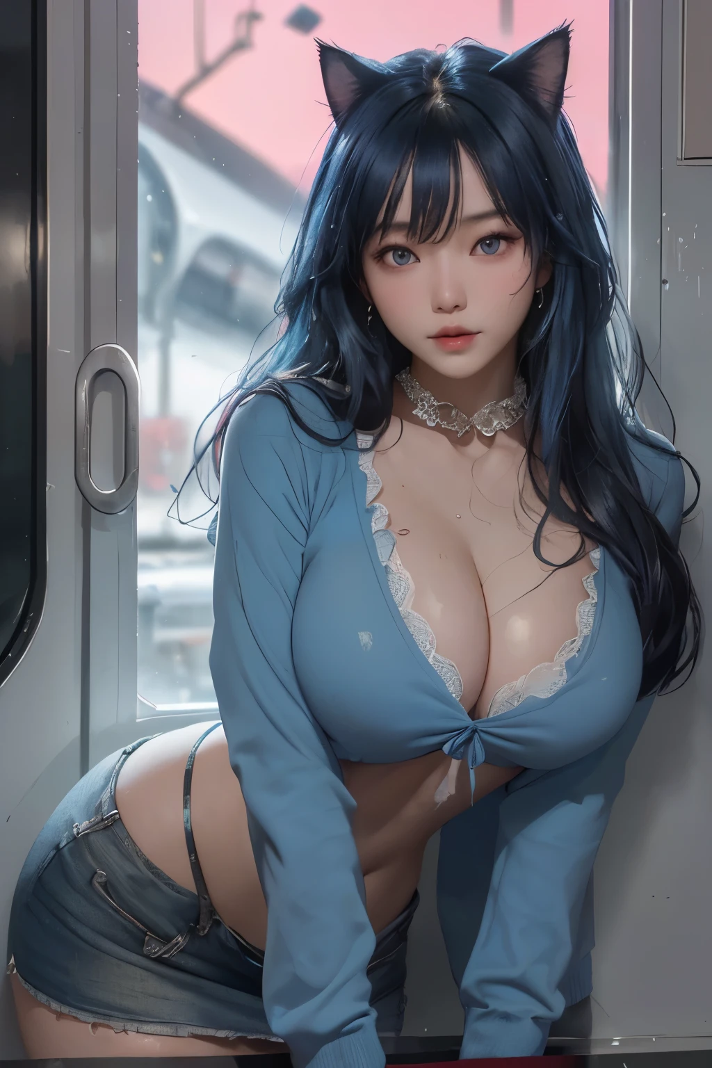 (masterpiece, the best_quality, Super detailed, 8k, ultra high definition, flawless:1.latin blue hair, blue hair，cat-Woman,, cat ears,  glowing pink eyes, Shy, Compliant, Blushed, Wet oily skin, Inside the carriage, big胸,  heart tattoo above, , big腿粗, Beautiful hip curve, 巨big, Tik, tight skin, scantily clad, lace, collar, facing the audience,  Windows, bedroom, midnight, train，in the subway，Sexy,,japanese goddess, Cardigan shirt, korean girl, 美丽的asian girl, V-shaped bust clothes, low cut，巨big，Expose the upper half of the chest，not compact，下垂的big胸，Gorgeous Chinese model, Beautiful young Korean woman, Japanese model, thick lips，duck mouth，asian girl, Beautiful young Korean woman, wearing shirt, beautiful korean woman, 靠着train门，handrail by Windows, Looking to the future,巨big，big，up,protrait photo，super closeup,face camera，Take photos carefully