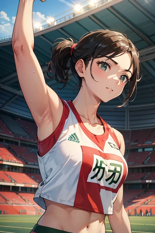athletics stadium、track and field athlete、beautiful mature woman、raise your arms、show one's side、Upper body、meaty、Glamour