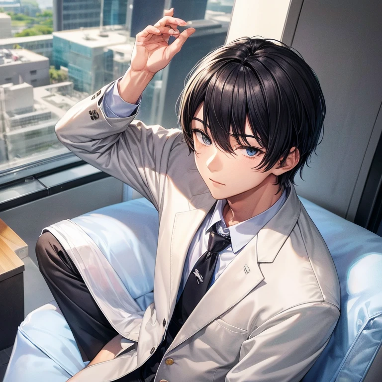 Cool boy, wearing a suit, illustration-like, black hair sitting straight The background is pure white