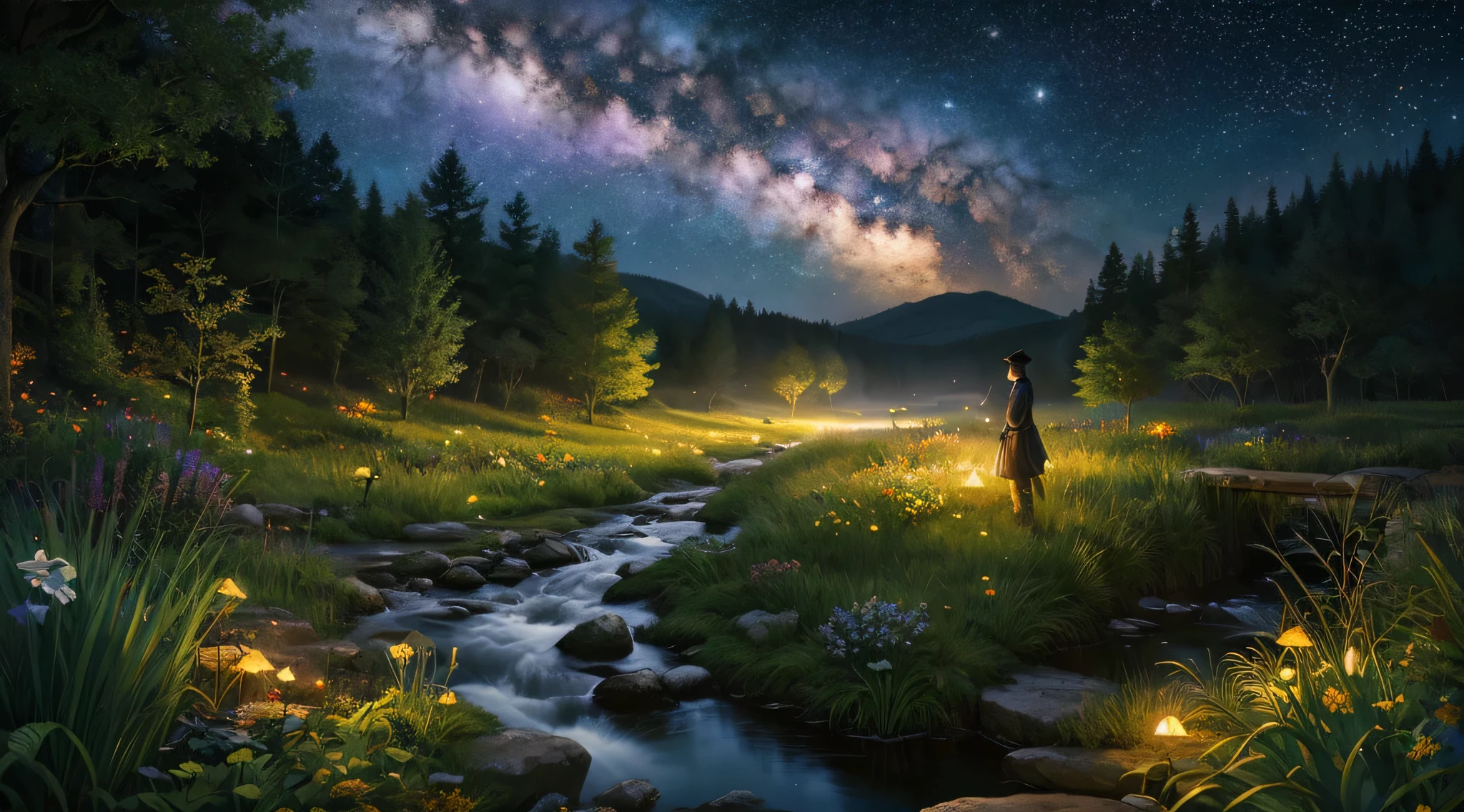 (masterpiece、highest quality)Mysterious Forest、quiet night forest landscape、starry sky、fireflies are floating、Works with gentle colors、Quiet creek、(An illustration:1.0)、magnificent composition、High resolution details、(8k wallpaper that integrates high-definition CG)