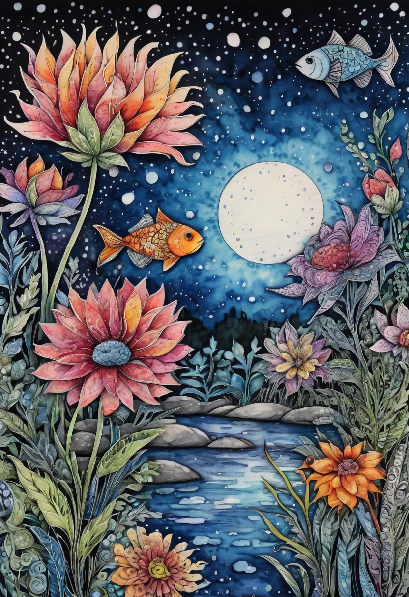 ((Zentangle Watercolor Flowers close up)). (best quality,4k,highres,masterpiece:1.2),ultra-detailed,(realistic:1.37), zentangle lines, (((These flowers can be found in a  70 different known species worldwide. In addition, they provide shelter to various types of fish and invertebrates in any pond or water body so that they grow up vin a zentangle style))) View in a (((zentangle style))), zentangle twinkling stars,detailed zentangleç Watercolor Flowers,vivid colors, zentangle dreamlike atmosphere, zentangle zigzag patterns,sharp lines,black and white combination,zentangled water,surrealistic, zentangle night sky,,contrast between lights and shadows,creativity,unique style,meticulous attention to details,expressive strokes,mysterious vibes,imagination,enchanted scene,nighttime hustle and bustle,thousands of Watercolor Flowers,creative interpretations,nature symmetry,zigzag rooftops,glowing skyscrapers,limited color palette,zentangle influences,naturescape at night,tranquil ambiance,moonlit scenery.