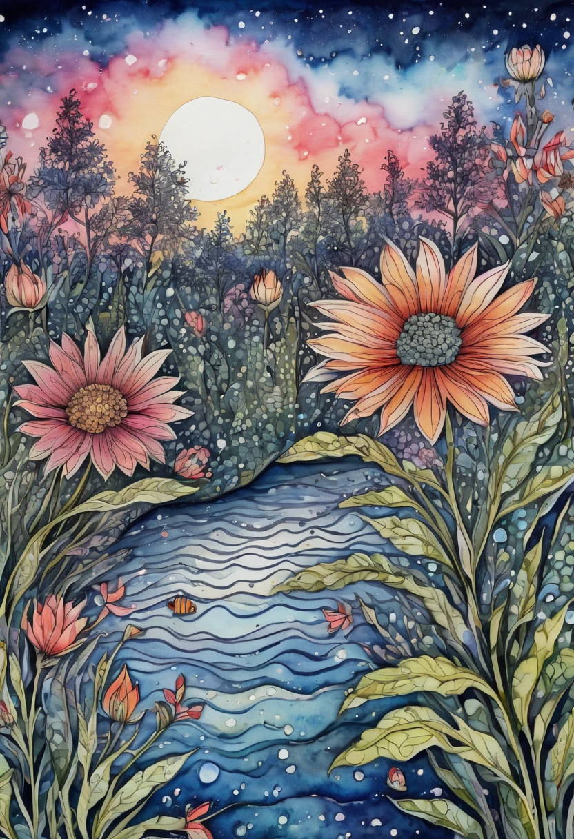 ((Zentangle Watercolor Flowers close up)). (best quality,4k,highres,masterpiece:1.2),ultra-detailed,(realistic:1.37), zentangle lines, (((These flowers can be found in a  70 different known species worldwide. In addition, they provide shelter to various types of fish and invertebrates in any pond or water body so that they grow up vin a zentangle style))) View in a (((zentangle style))), zentangle twinkling stars,detailed zentangleç Watercolor Flowers,vivid colors, zentangle dreamlike atmosphere, zentangle zigzag patterns,sharp lines,black and white combination,zentangled water,surrealistic, zentangle night sky,,contrast between lights and shadows,creativity,unique style,meticulous attention to details,expressive strokes,mysterious vibes,imagination,enchanted scene,nighttime hustle and bustle,thousands of Watercolor Flowers,creative interpretations,nature symmetry,zigzag rooftops,glowing skyscrapers,limited color palette,zentangle influences,naturescape at night,tranquil ambiance,moonlit scenery.