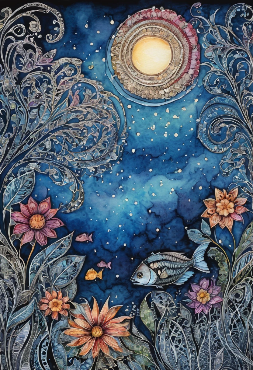 ((Zentangle Watercolor Flowers close up)). (best quality,4k,highres,masterpiece:1.2),ultra-detailed,(realistic:1.37), zentangle lines, (((These flowers can be found in a 70 different known species worldwide. In addition, they provide shelter to various types of fish and invertebrates in any pond or water body so that they grow up vin a zentangle style))) View in a (((zentangle style))), zentangle twinkling stars,detailed zentangleç Watercolor Flowers,vivid colors, zentangle dreamlike atmosphere, zentangle zigzag patterns,sharp lines,black and white combination,zentangled water,surrealistic, zentangle night sky,,contrast between lights and shadows,creativity,unique style,meticulous attention to details,expressive strokes,mysterious vibes,imagination,enchanted scene,nighttime hustle and bustle,thousands of Watercolor Flowers shining bright,humming forest life,long exposure effect,skyscrapers reaching for the sky,abstract patterns,creative interpretations,nature symmetry,zigzag rooftops,glowing skyscrapers,limited color palette,zentangle influences,naturescape at night,tranquil ambiance,moonlit scenery.