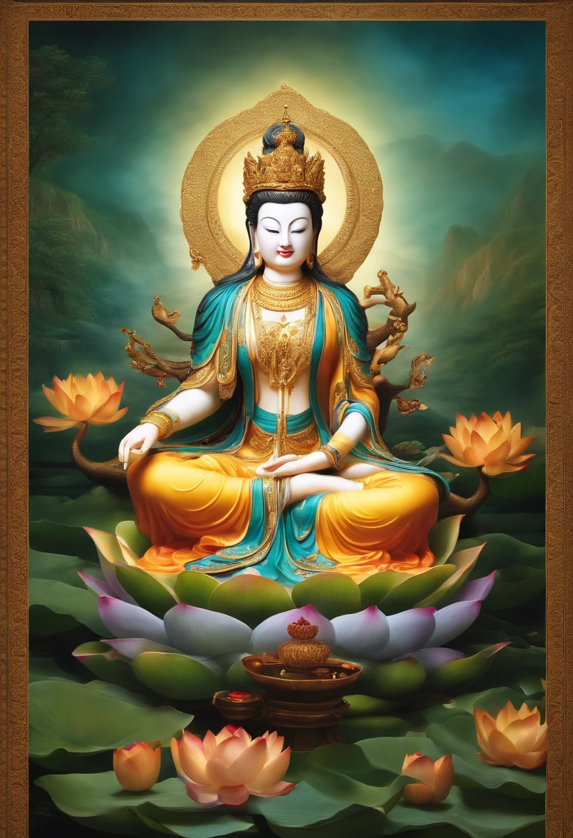 An atmospheric high-definition picture of Guanyin Bodhisattva sitting on the lotus throne