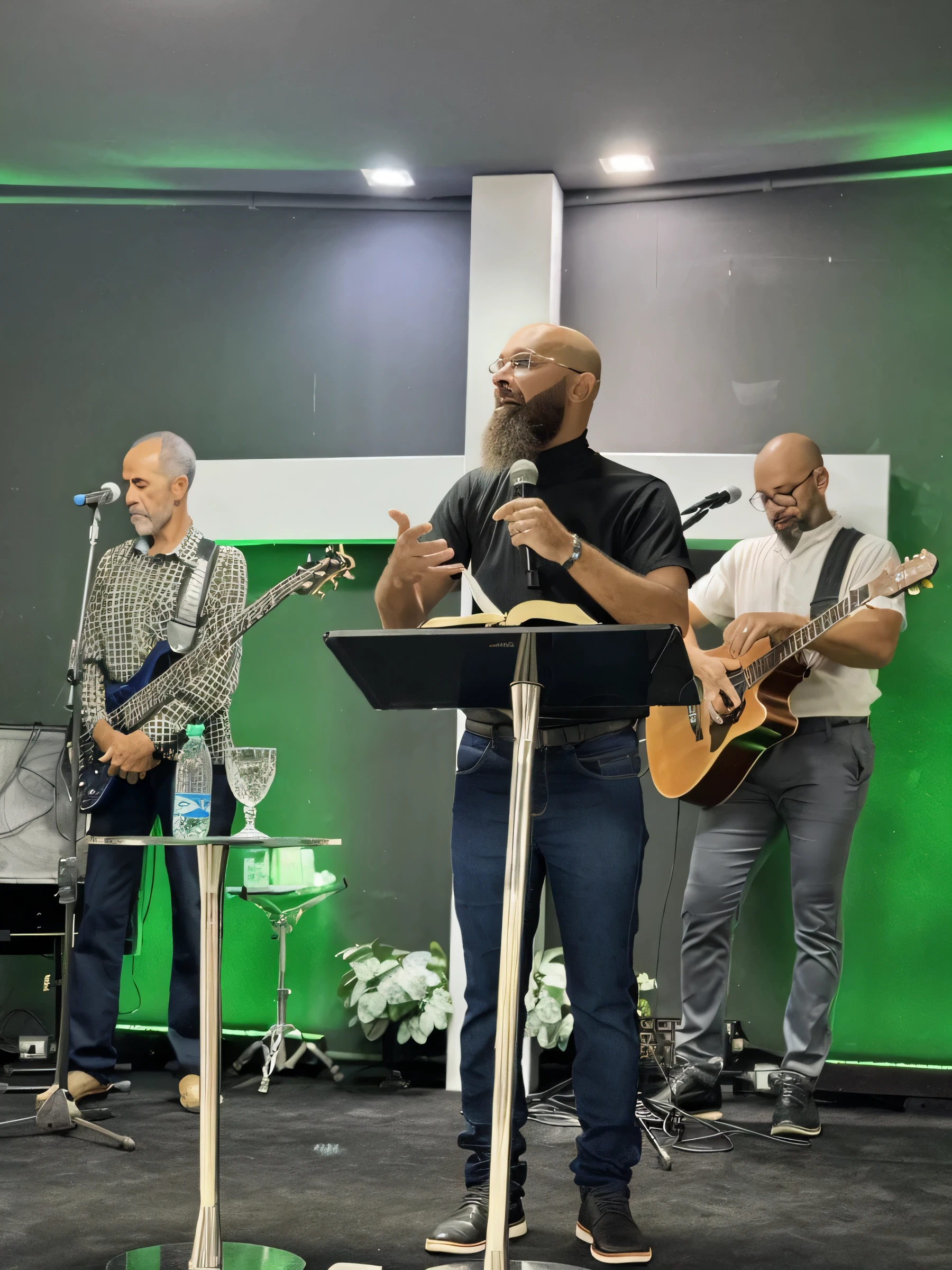 There are three men playing guitar on a stage, Banda tocando, adorar, imagem glorificada, album, no palco, solid track record, faithful to life, no palco, show ao vivo, se apresentando no palco, Captured not iPhone, em um palco, album photo, tirado no iphone 1 3 pro, musicians playing instruments, sao paulo, reconfortante e familiar, Ultra-HD, 4k, alta qualidade