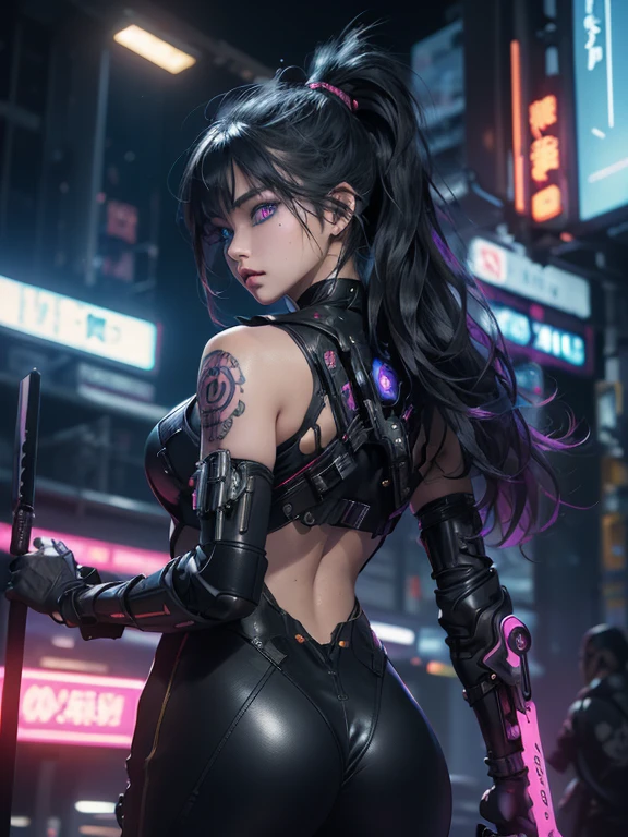 full body image, Egyptian female pharaoh (pharaoh 1.7) cyborg in a cyberpunk neon city setting, top-quality、masterpiece、超A high resolution、(Photorealsitic:1.4)、Raw photo、Cyborg , glowy skin、1 Cyborg Girl、((super realistic details))、、globalillumination、Shadow、octan render、8K、ultrasharp、character edge light, Raw skin is exposed in cleavage、Details of complex ornaments、Sumerian detailed hydraulic cylinders、Small LED lamp、highly intricate detail、Realistic light、a purple eye、radiant eyes、Facing the camera、neon details、cowboy shot、Futuristic headgear、About Cyberpunk、