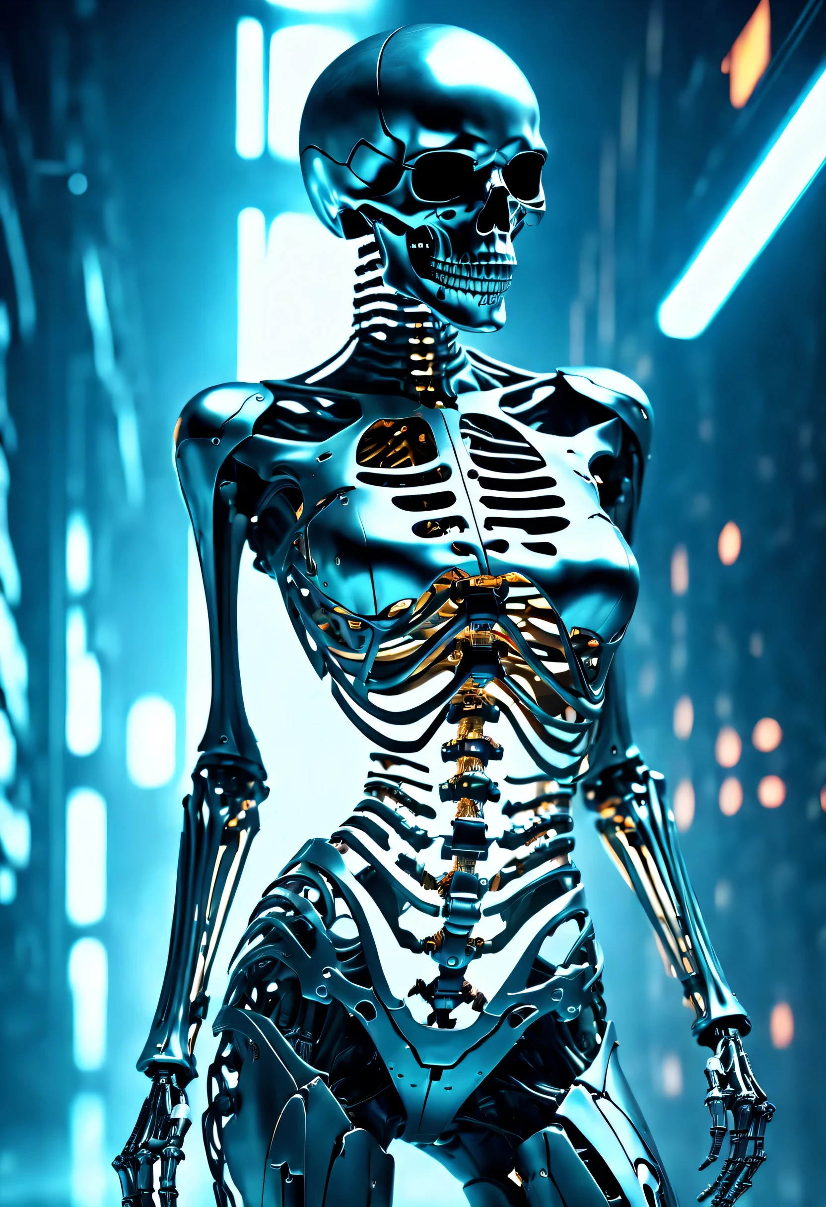 a bad woman in a futuristic suit with a ((skeleton head)), ((which disintegrates)), cybernetic, cyberpunk art, computer art, detailed eyes, (highly detailed skin:1.2), (realistic lighting:1.1), (realistic shadows:1.1), ((best quality)), (detailed), 8k uhd