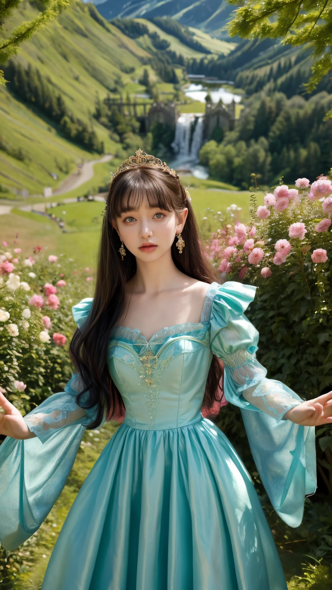 zrpgstyle, AS-YoungerV2 DollieNobodySD15 medieval child princess teal dress, elaborate, ornate, adventurer cape, (black fluffy hair:1.1), standing in a tall field of flowers, tree canopy overhead (alpine mountains:1.1), clear sky, (masterpiece:1.3) (best quality) (detailed) (8k) (HDR) (cinematic lighting) (sharp focus) (intricate) (intense action scene, dutch angle, foreshortening, motion blur, blurred foreground:1.3) looking at viewer