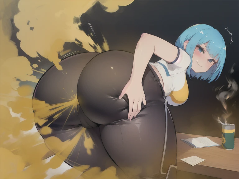 ((table top, High resolution, Depth of bounds written, 4K, ticker,)),(((speed)),(((hot pantsを履いた青い髪の美しい女性))), attacked by a big fart, attack with a big fart,leaning forward)),(big ass), ((push your hips up)),((hot pants)),,big fart coming out of the butt,leaning forward,emphasize the buttocks,leaning forward,((Your butt is sticking out here))), (((Yellow smoke is rising ))),(((big fart coming out of the ass ))),blush, mischievous smile,(((fart too big)))