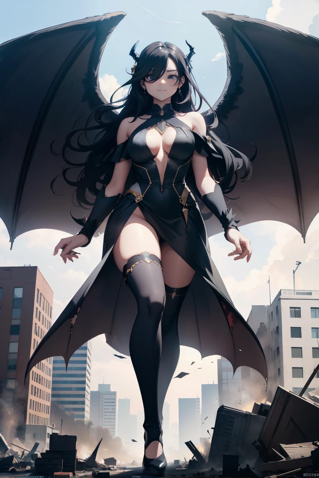 Aerial View,from head to foot,giant girl 50 feet tall,Have a pair of long legs,Possessing a pair of huge demon wings,Has black waist-length hair,Loose hair,Wearing a pair of Mary Jane shoes,black curly hair,A look of enjoyment,Standing tall in a destroyed city,Beautiful appearance,Exquisite makeup,quality,8k,high quality,(governor:1.5),perfect proportions, Cinema lighting, film grain, Fuji colors, 8k, textured skin, Super details, high detail, high quality, high resolution,explode,fake smile,black stockings,blood stains,脚底有blood stains