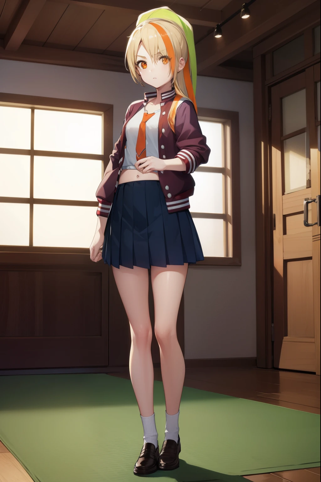 sakinikaidou, saki nikaidou, blonde hair, eyes visible through hair, hair over one eye, light green hair, long hair, multicolored hair, (orange eyes:1.5), orange hair, ponytail, streaked hair, (small breast:1.2),
BREAK blue skirt, jacket, (letterman jacket:1.5), necktie, orange necktie, skirt,
BREAK looking at viewer, full body,
BREAK indoors, classroom,
BREAK (masterpiece:1.2), best quality, high resolution, unity 8k wallpaper, (illustration:0.8), (beautiful detailed eyes:1.6), extremely detailed face, perfect lighting, extremely detailed CG, (perfect hands, perfect anatomy),