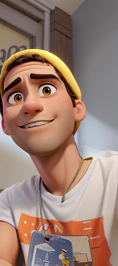 24-year-old young man with a yellow cap on his head, smooth face without beard or mustache, dark brown eyes and black bibs in a Disney Pixar style library room