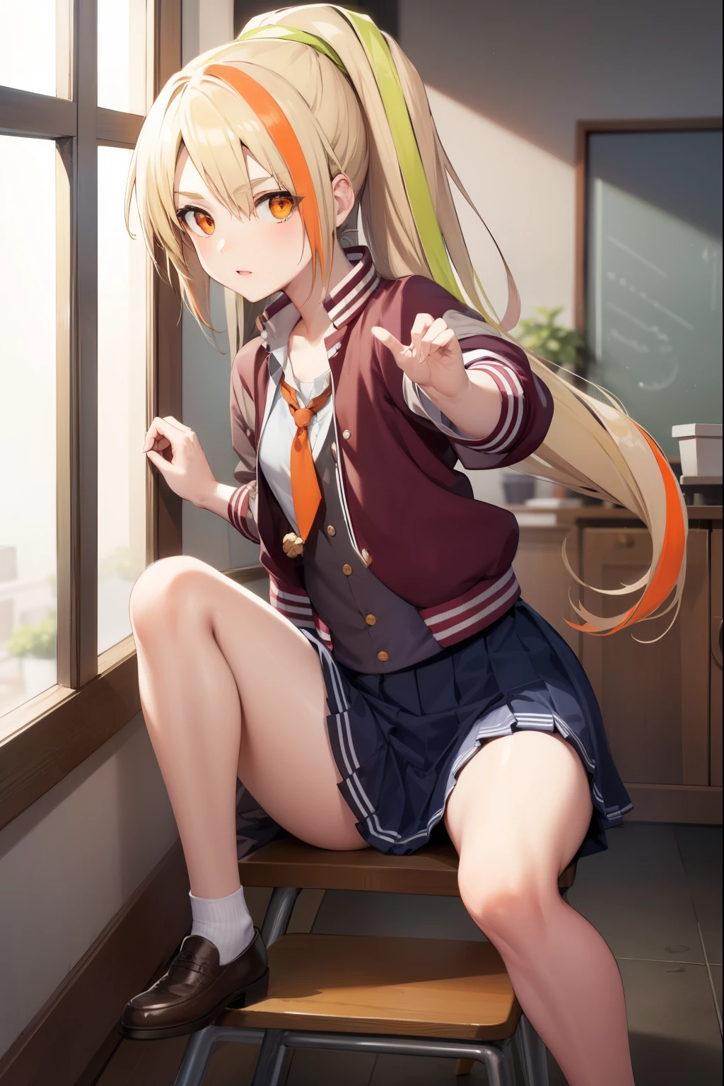 sakinikaidou, saki nikaidou, blonde hair, eyes visible through hair, hair over one eye, light green hair, long hair, multicolored hair, (orange eyes:1.5), orange hair, ponytail, streaked hair, (small breast:1.2),
BREAK blue skirt, jacket, (letterman jacket:1.5), necktie, orange necktie, skirt,
BREAK looking at viewer, full body,
BREAK indoors, classroom,
BREAK (masterpiece:1.2), best quality, high resolution, unity 8k wallpaper, (illustration:0.8), (beautiful detailed eyes:1.6), extremely detailed face, perfect lighting, extremely detailed CG, (perfect hands, perfect anatomy),