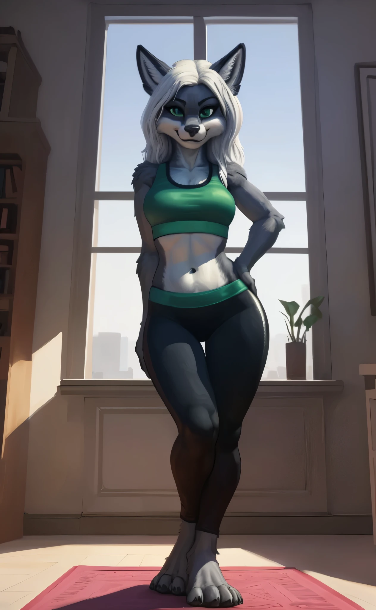 [Uploaded to twitter.com; (@rayjayes), (@pixelsketcher), (@foxovh)], ((masterpiece)), ((HD)), ((high res)), ((solo portrait)), ((full body)), ((front view)), ((feet visible)), ((furry; anthro)), ((detailed fur)), ((detailed shading)), ((beautiful render art)), ((intricate details)), {anthro; grey fur, black nose, (cute green eyes), (black pupils), (short eyelashes), (long white messy hair), (curvy hips), (beautiful legs), (beautiful feet), (smug grin)}, {(green sports bra), (navel), (black spandex yoga pants)}, {(standing), (hand on hip), (looking at viewer)}, [background; (bedroom), (window), (blue sky), (sun rays), (ambient lighting)]
