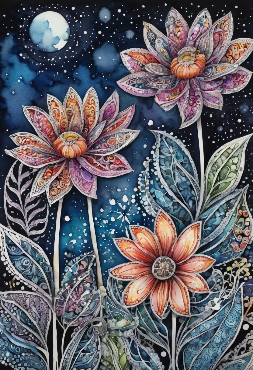 ((Zentangle Watercolor Flowers close up)). (best quality,4k,highres,masterpiece:1.2),ultra-detailed,(realistic:1.37), zentangle lines, (((These flowers can be found in a  70 different known species worldwide. In addition, they provide shelter to various types of fish and invertebrates in any pond or water body so that they grow up vin a zentangle style))) View in a (((zentangle style))), zentangle twinkling stars,detailed zentangleç Watercolor Flowers,vivid colors, zentangle dreamlike atmosphere, zentangle zigzag patterns,sharp lines,black and white combination,zentangled water,surrealistic, zentangle night sky,,contrast between lights and shadows,creativity,unique style,meticulous attention to details,expressive strokes,mysterious vibes,imagination,enchanted scene,nighttime hustle and bustle,thousands of Watercolor Flowers,creative interpretations,nature symmetry,zigzag rooftops,glowing skyscrapers,limited color palette,zentangle influences,naturescape at night,tranquil ambiance,moonlit scenery.