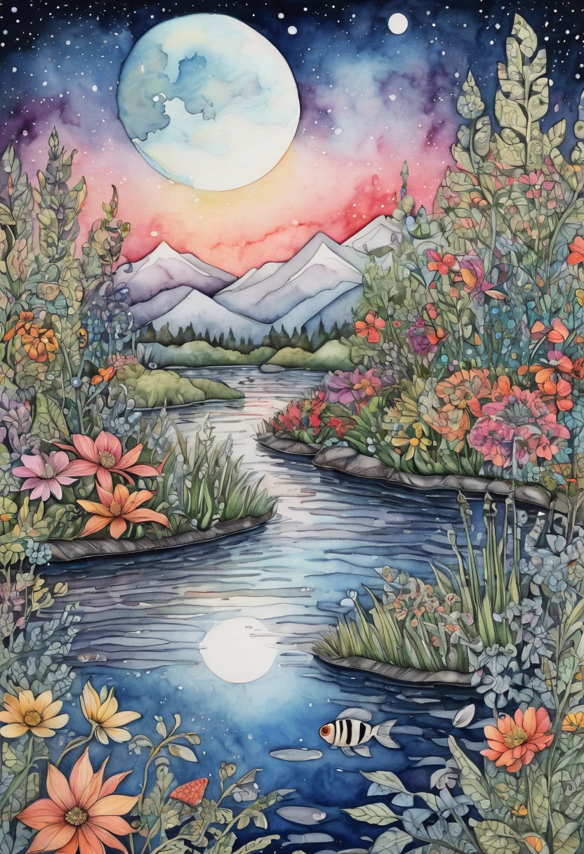 ((Zentangle Watercolor Flowers close up)). (best quality,4k,highres,masterpiece:1.2),ultra-detailed,(realistic:1.37), zentangle lines, (((These flowers can be found in a  70 different known species worldwide. In addition, they provide shelter to various types of fish and invertebrates in any pond or water body so that they grow up vin a zentangle style))) View in a (((zentangle style))), zentangle twinkling stars,detailed zentangleç Watercolor Flowers,vivid colors, zentangle dreamlike atmosphere, zentangle zigzag patterns,sharp lines,black and white combination,zentangled water,surrealistic, zentangle night sky,,contrast between lights and shadows,creativity,unique style,meticulous attention to details,expressive strokes,mysterious vibes,imagination,enchanted scene,nighttime hustle and bustle,thousands of Watercolor Flowers,creative interpretations,nature symmetry,zigzag rooftops,glowing skyscrapers,limited color palette,zentangle influences,naturescape at night,tranquil ambiance,moonlit scenery.