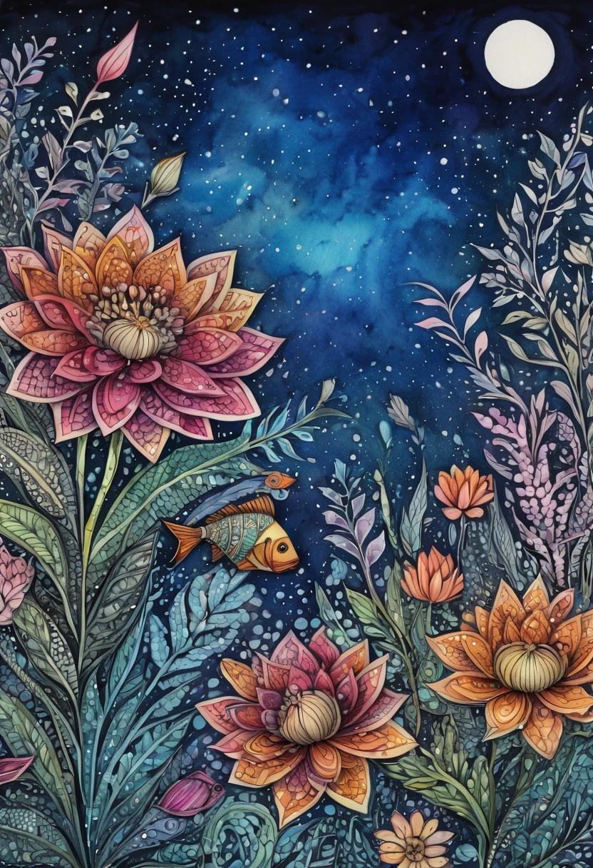 ((Zentangle Watercolor Flowers close up)). (best quality,4k,highres,masterpiece:1.2),ultra-detailed,(realistic:1.37), zentangle lines, (((These flowers can be found in a  70 different known species worldwide. In addition, they provide shelter to various types of fish and invertebrates in any pond or water body so that they grow up vin a zentangle style))) View in a (((zentangle style))), zentangle twinkling stars,detailed zentangleç Watercolor Flowers,vivid colors, zentangle dreamlike atmosphere, zentangle zigzag patterns,sharp lines,black and white combination,zentangled water,surrealistic, zentangle night sky,,contrast between lights and shadows,creativity,unique style,meticulous attention to details,expressive strokes,mysterious vibes,imagination,enchanted scene,nighttime hustle and bustle,thousands of Watercolor Flowers,creative interpretations,nature symmetry,zigzag rooftops,glowing skyscrapers,limited color palette,zentangle influences,naturescape at night,tranquil ambiance,moonlit scenery.