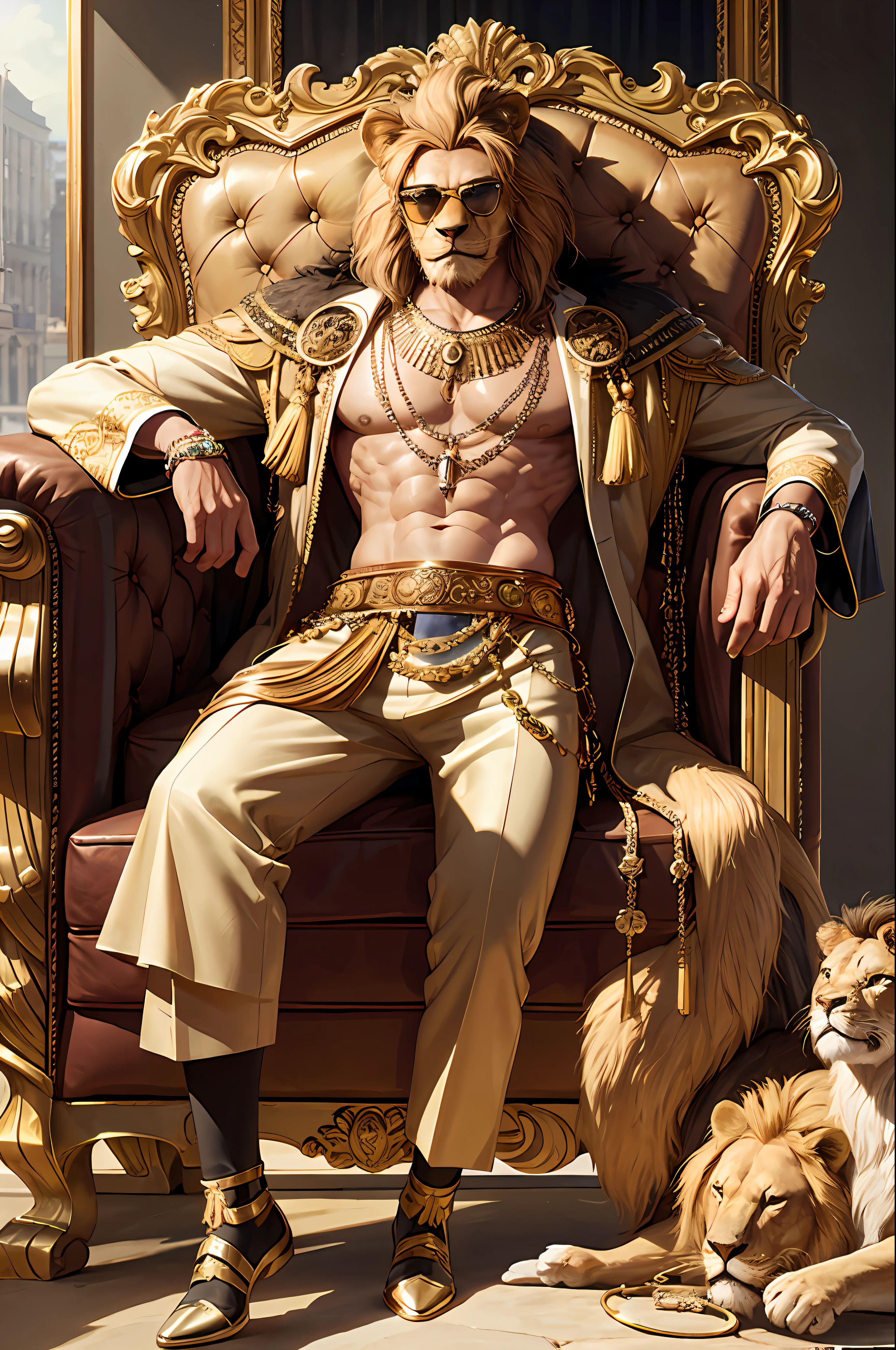 masterpiece, best quality, realistic, fashion lion, big lion, human lion's head, glasses on head, gear, gemstone, sunglasses, gold, jewelry, magic circle, male_focus, pants, shoes, sunglasses, tassel, throne,