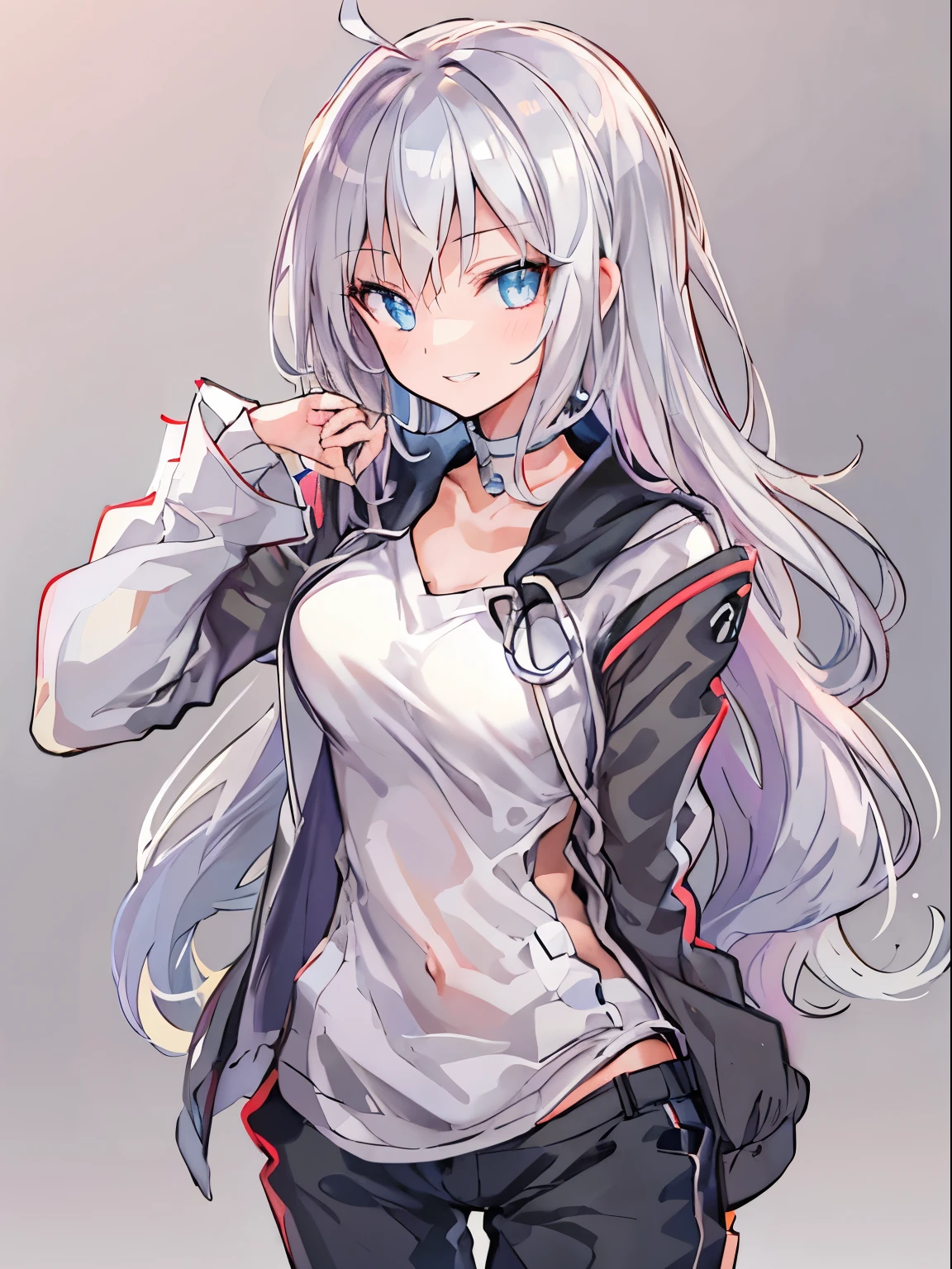 1girl, {alone}, Upper body ,{{ {looking for at viewer}}},{{{Golden pupil}}}, arm at side, concept art, white returnground, simple returnground, gray hair, Silver Gradient Hair , Goldeye,complex cloth, Asymmetrical clothing, Virtual YouTuber, highest quality, masterpiece, dynamic angle, disgaea style, disgaea style, disgaea style, From above, leaning forward, high ponytail, cowboy_shot, looking for_return, grab, girl,woman,woman, young,20-year-old, very long hair, flipped hair, silver hair, flowing hair, Ahoge, grin, beautiful and delicate golden eyes, teeth, Moderate_chest, blond eyes, grey Clothes, gray coat, white shirt, black pants, open jacket, black clothes,transparent_returnground, returnlighting, disorganized, High resolution, Super detailed,