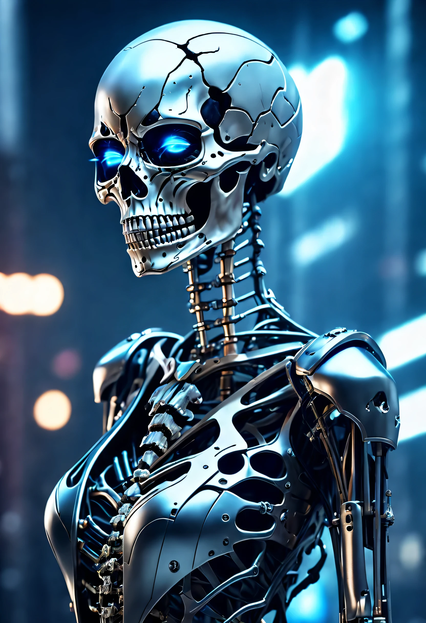 a bad woman in a futuristic suit with a ((skeleton head)), ((which disintegrates)), cybernetic, cyberpunk art, computer art, detailed eyes, (highly detailed skin:1.2), (realistic lighting:1.1), (realistic shadows:1.1), ((best quality)), (detailed), 8k uhd