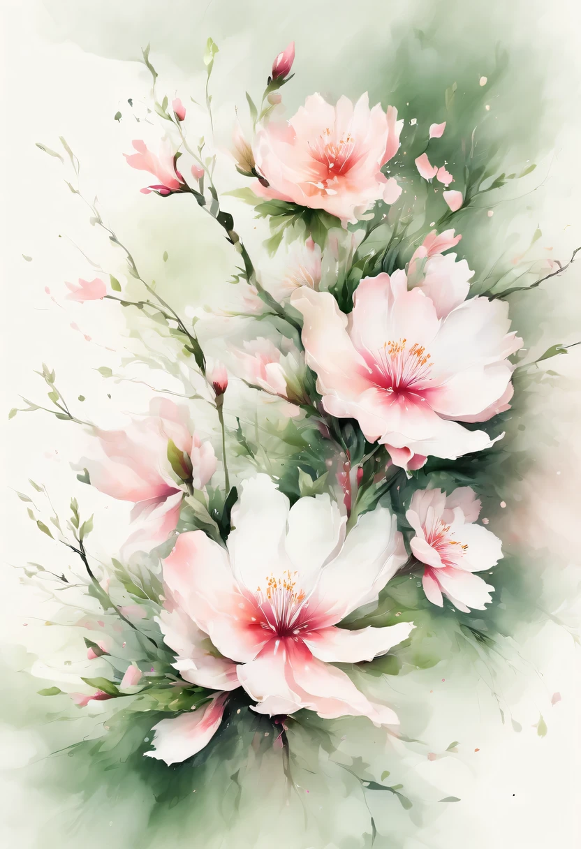 This watercolor flower painting presents an elegant and fresh visual effect。Wild flowers and peach blossoms intertwined in the fields，Forming the perfect combination of nature and romance。The screen is dominated by a white background，Highlight isolated watercolor flower。Splash technology recreates wet conditions，The atmosphere seems vague and dreamy。Unique composition and abstract expression add to the artistic feel of the picture，Contains elements of surrealism。The overall color tone is mainly light tones，Pale pink and green complement each other，Show high-resolution details。The splash-ink effect adds a touch of agility to the picture，The light color gives the flowers a deep and restrained beauty.。