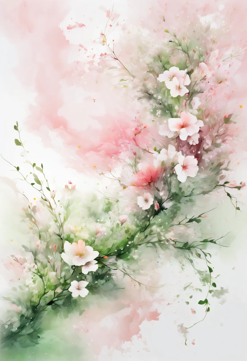 This watercolor flower painting presents an elegant and fresh visual effect。Wild flowers and peach blossoms intertwined in the fields,Forming the perfect combination of nature and romance。The screen is dominated by a white background,Highlight isolated watercolor flower。Splash technology recreates wet conditions,The atmosphere seems vague and dreamy。Unique composition and abstract expression add to the artistic feel of the picture,Contains elements of surrealism。The overall color tone is mainly light tones,Pale pink and green complement each other,Show high-resolution details。The splash-ink effect adds a touch of agility to the picture,The light color gives the flowers a deep and restrained beauty.。