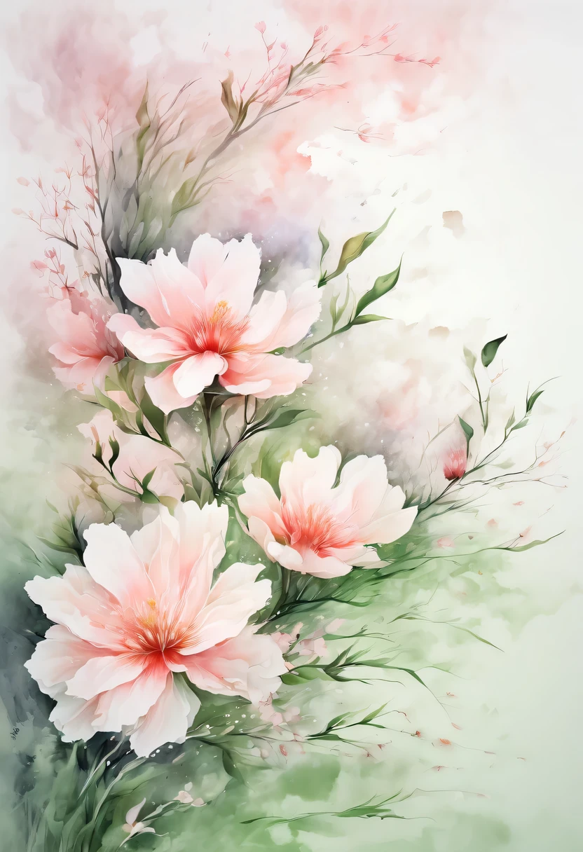 This watercolor flower painting presents an elegant and fresh visual effect。Wild flowers and peach blossoms intertwined in the fields,Forming the perfect combination of nature and romance。The screen is dominated by a white background,Highlight isolated watercolor flower。Splash technology recreates wet conditions,The atmosphere seems vague and dreamy。Unique composition and abstract expression add to the artistic feel of the picture,Contains elements of surrealism。The overall color tone is mainly light tones,Pale pink and green complement each other,Show high-resolution details。The splash-ink effect adds a touch of agility to the picture,The light color gives the flowers a deep and restrained beauty.。
