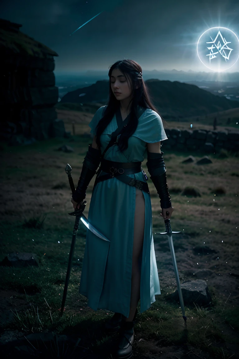 high quality, Imagine a female swordsman holding a sword inscribed with beautiful enchanting runes, silhouetted by soft moonlight as hazy blue celestial light illuminates a hill adorned with many swords. A sword decorated with runes, in this unrealistic landscape she stands in a posture of reverence, she closes her eyes in her meditative prayer, emanating from the runes Surrounded by mysterious energy, Each rune tells a tale of ancient power, and as she prays, the swords around her resonate with the echoes of legendary heroes, enhances the ethereal beauty of the scene, creating a moment where the magical and the mortal intertwine seamlessly, by yukisakura, awesome full color,
