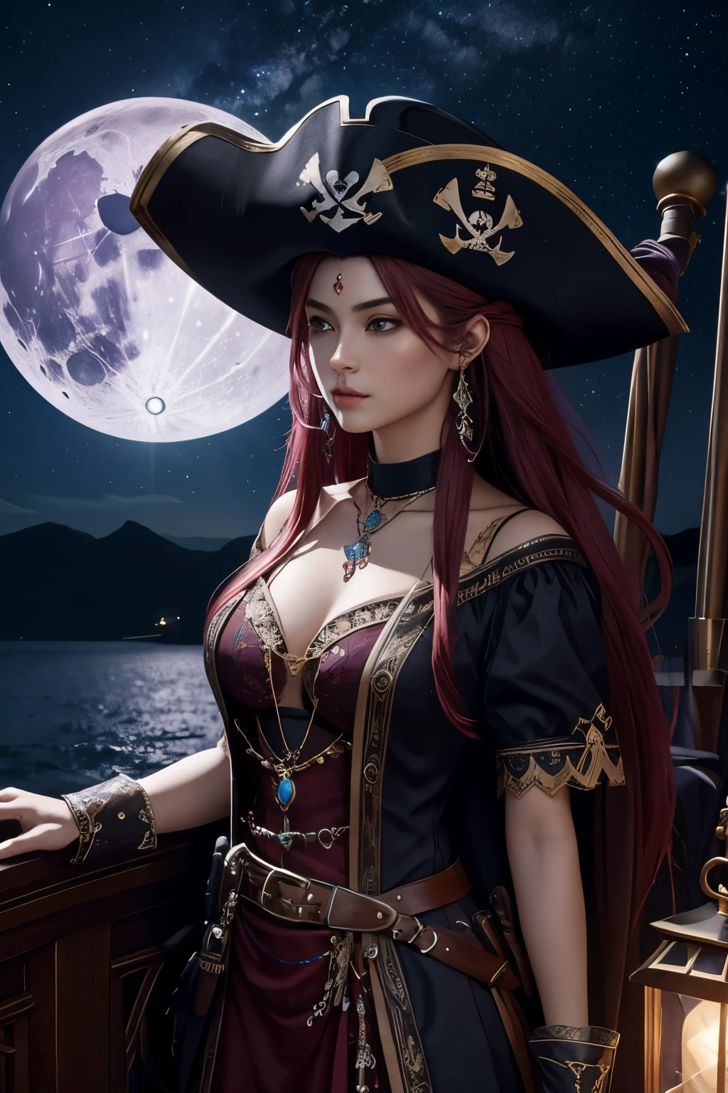 In the captivating street photograph, an astonishing astral galactic pirate becomes the main subject. The mesmerizing image, captured in high definition and vibrant HDR, showcases the pirate's enigmatic presence amidst the bustling cityscape. Bedecked in a flowing coat adorned with shimmering stardust and an intricately designed laser-cut eyepatch, the pirate dazzles the viewer with an aura of celestial intrigue. The photograph skillfully captures the pirate's intensely piercing cosmic eyes, reflecting the vastness of the galaxy within their depths. Every detail is meticulously preserved, from the intricacies of the pirate's cybernetic hook hand to the faint ethereal glow that surrounds their nimble figure. This extraordinary image transports viewers to a mystical realm where worlds collide, encapsulating the pirate's irresistible allure and their daring adventures throughout the astral planes.