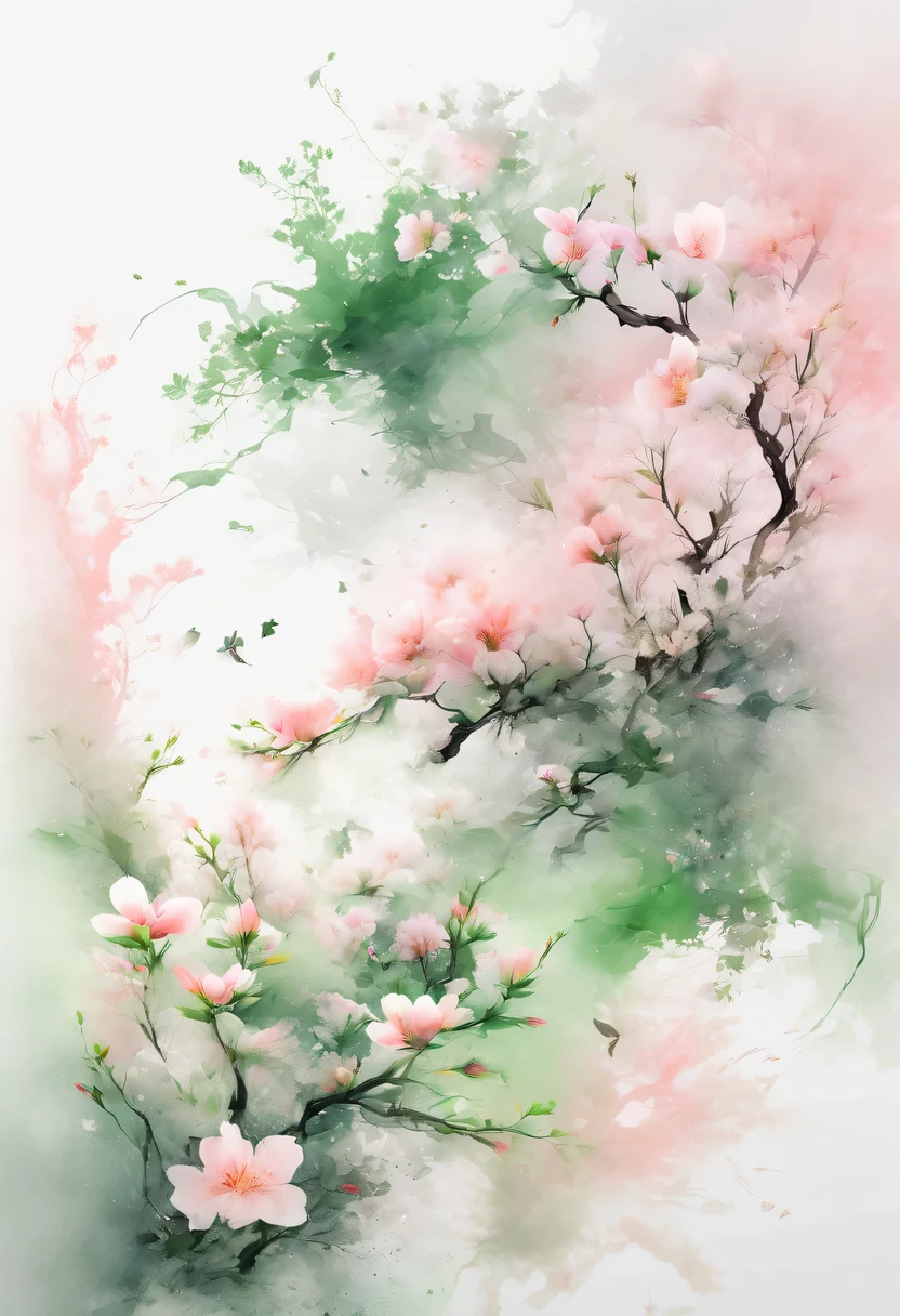 This watercolor flower painting presents an elegant and fresh visual effect。Wild flowers and peach blossoms intertwined in the fields,Forming the perfect combination of nature and romance。The screen is dominated by a white background,Highlight isolated watercolor flower。Splash technology recreates wet conditions,The atmosphere seems vague and dreamy。Unique composition and abstract expression add to the artistic feel of the picture,Contains elements of surrealism。The overall color tone is mainly light tones,Pale pink and green complement each other,Show high-resolution details。The splash-ink effect adds a touch of agility to the picture,The light color gives the flowers a deep and restrained beauty.。