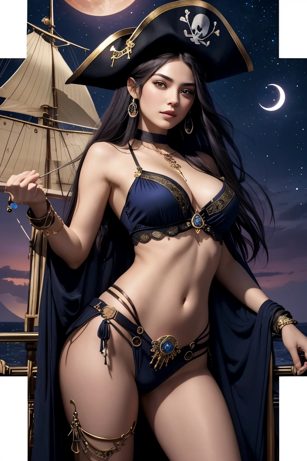 high quality, super realistic, pirate hat, a 20-year-old Pirate Maiden with a celestial beauty rivaling the stars, Picture her poised at the helm of a grand pirate ship, her silhouette defined against the shimmering night sky of a crimson moon, The vessel itself is a maritime masterpiece, adorned with intricate carvings, polished brass embellishments, and an array of mystical symbols, The Scarlet Moonlit Pirate dons a resplendent ensemble blending midnight blues with silvery hues, adorned with delicate lace and glistening gemstones, A star-like pendant gracefully hangs around her neck, emphasizing her bewitching aura, by yukisakura, high detailed,