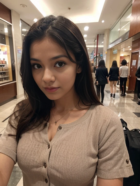 Foto de uma mulher morena de 20 anos, que tem um rosto muito natural, labios finos, olhos finos, sobrancelhas finas, nariz fino, brincos, long eyelashes. Ela faz uma selfie fofa em shopping em Roma no cinema, andando e olhando para o espectador de corpo inteiro , com roupas pretas e rosa 🌹