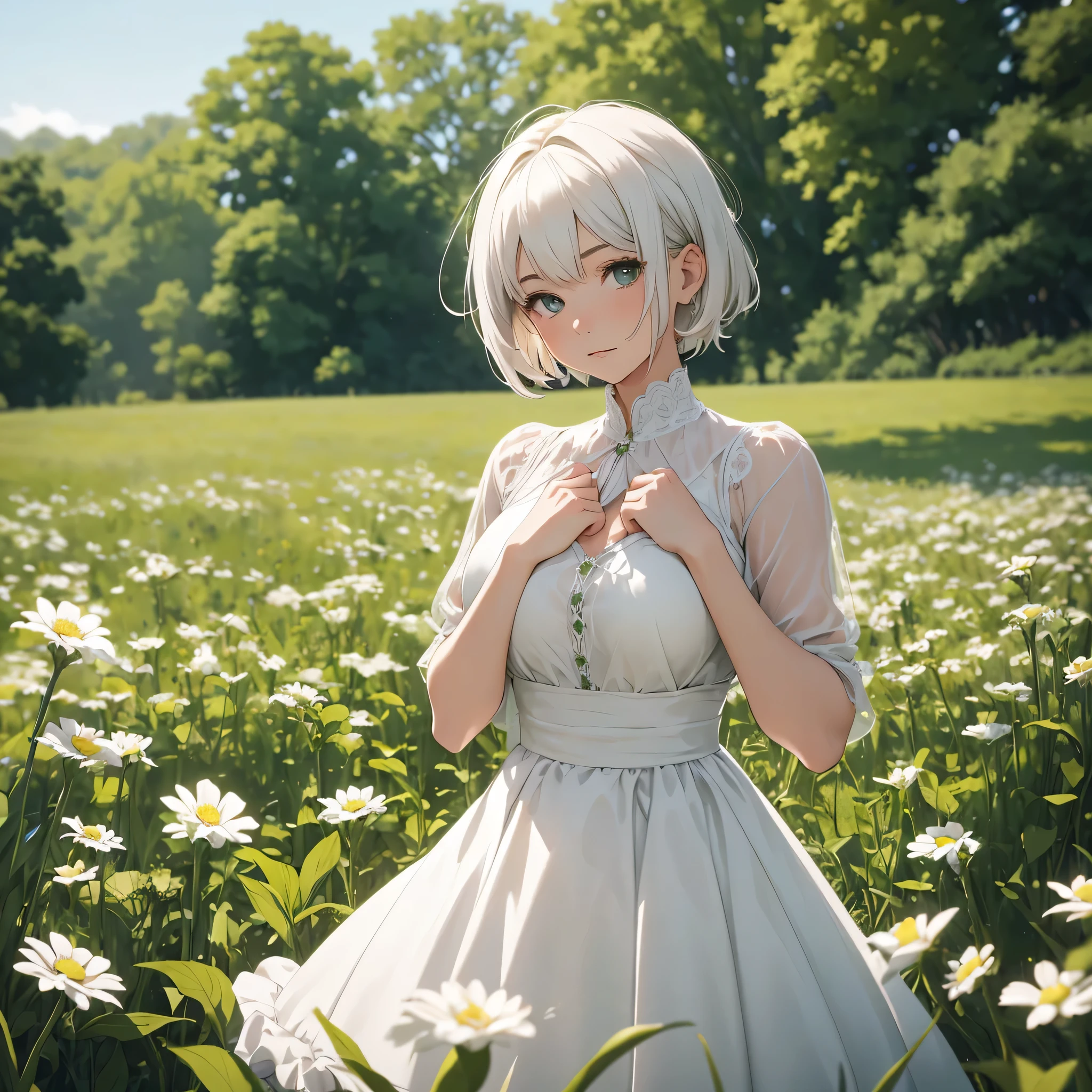 (masterpiece, best quality),1girl with short white hair stand on a field of green plants, hand on her back, warm lighting, white dress, blurry foreground, looking at the viewer, obedient girl