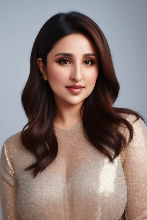 a photo of a 30-year-old woman, stylish, professional portrait, head-shot, slight smile, cute, background bokeh, paricho IN A SEE THROUGH BIKIN