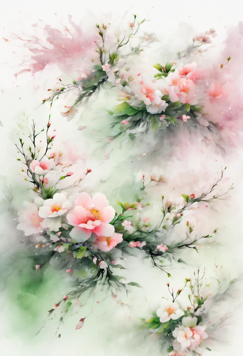 This watercolor flower painting presents an elegant and fresh visual effect。Wild flowers and peach blossoms intertwined in the fields，Forming the perfect combination of nature and romance。The screen is dominated by a white background，Highlight isolated watercolor flower。Splash technology recreates wet conditions，The atmosphere seems vague and dreamy。Unique composition and abstract expression add to the artistic feel of the picture，Contains elements of surrealism。The overall color tone is mainly light tones，Pale pink and green complement each other，Show high-resolution details。The splash-ink effect adds a touch of agility to the picture，The light color gives the flowers a deep and restrained beauty.。