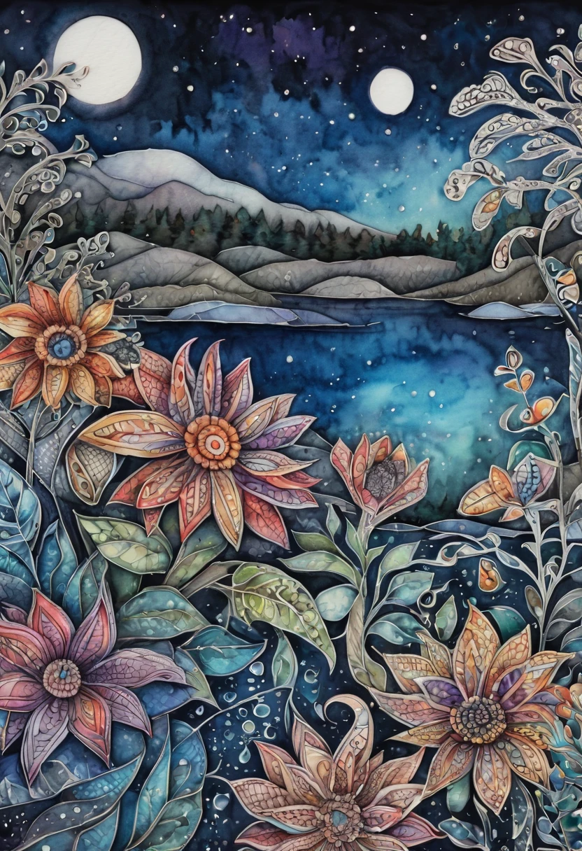 ((Zentangle Watercolor Flowers close up)). (best quality,4k,highres,masterpiece:1.2),ultra-detailed,(realistic:1.37), zentangle lines, (((These flowers can be found in a  70 different known species worldwide. In addition, they provide shelter to various types of fish and invertebrates in any pond or water body so that they grow up vin a zentangle style))) View in a (((zentangle style))), zentangle twinkling stars,detailed zentangleç Watercolor Flowers,vivid colors, zentangle dreamlike atmosphere, zentangle zigzag patterns,sharp lines,black and white combination,zentangled water,surrealistic, zentangle night sky,,contrast between lights and shadows,creativity,unique style,meticulous attention to details,expressive strokes,mysterious vibes,imagination,enchanted scene,nighttime hustle and bustle,thousands of Watercolor Flowers,creative interpretations,nature symmetry,zigzag rooftops,glowing skyscrapers,limited color palette,zentangle influences,naturescape at night,tranquil ambiance,moonlit scenery.