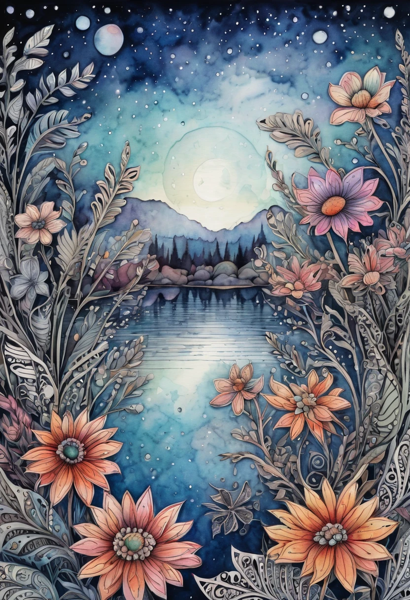 ((Zentangle Watercolor Flowers close up)). (best quality,4k,highres,masterpiece:1.2),ultra-detailed,(realistic:1.37), zentangle lines, (((These flowers can be found in a  70 different known species worldwide. In addition, they provide shelter to various types of fish and invertebrates in any pond or water body so that they grow up vin a zentangle style))) View in a (((zentangle style))), zentangle twinkling stars,detailed zentangleç Watercolor Flowers,vivid colors, zentangle dreamlike atmosphere, zentangle zigzag patterns,sharp lines,black and white combination,zentangled water,surrealistic, zentangle night sky,,contrast between lights and shadows,creativity,unique style,meticulous attention to details,expressive strokes,mysterious vibes,imagination,enchanted scene,nighttime hustle and bustle,thousands of Watercolor Flowers,creative interpretations,nature symmetry,zigzag rooftops,glowing skyscrapers,limited color palette,zentangle influences,naturescape at night,tranquil ambiance,moonlit scenery.