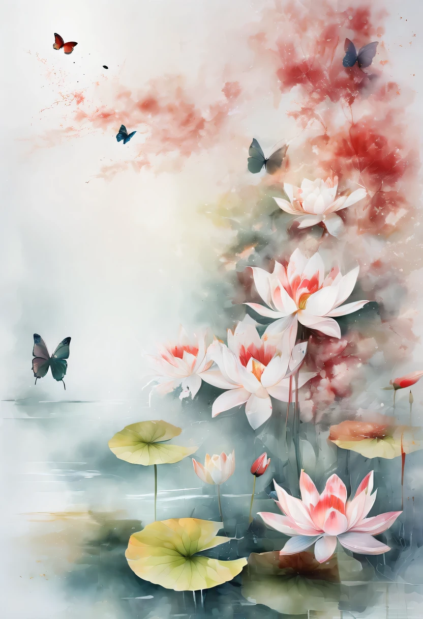 This abstract watercolor flower painting offers a light and refreshing visual effect。Lotus flowers and butterflies intertwined in the lake,Forming the perfect combination of nature and romance。The screen is dominated by a white background,Highlight isolated watercolor flower。Splash technology recreates wet conditions,The atmosphere seems vague and dreamy。Unique composition and abstract expression add to the artistic feel of the picture,Contains elements of surrealism。The overall color tone is mainly light tones,Red and gold complement each other,Show high-resolution details。The splash-ink effect adds a touch of agility to the picture,The light color gives the flowers a deep and restrained beauty.