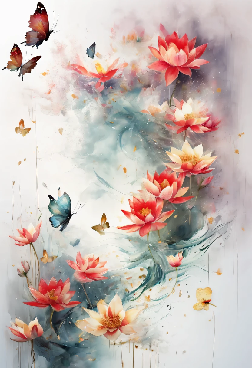 This abstract watercolor flower painting offers a light and refreshing visual effect。Lotus flowers and butterflies intertwined in the lake,Forming the perfect combination of nature and romance。The screen is dominated by a white background,Highlight isolated watercolor flower。Splash technology recreates wet conditions,The atmosphere seems vague and dreamy。Unique composition and abstract expression add to the artistic feel of the picture,Contains elements of surrealism。The overall color tone is mainly light tones,Red and gold complement each other,Show high-resolution details。The splash-ink effect adds a touch of agility to the picture,The light color gives the flowers a deep and restrained beauty.