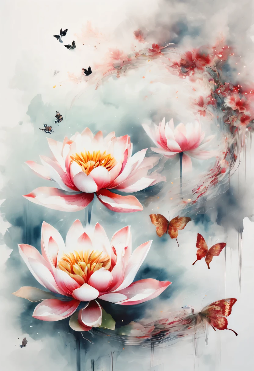 This abstract watercolor flower painting offers a light and refreshing visual effect。Lotus flowers and butterflies intertwined in the lake，Forming the perfect combination of nature and romance。The screen is dominated by a white background，Highlight isolated watercolor flower。Splash technology recreates wet conditions，The atmosphere seems vague and dreamy。Unique composition and abstract expression add to the artistic feel of the picture，Contains elements of surrealism。The overall color tone is mainly light tones，Red and gold complement each other，Show high-resolution details。The splash-ink effect adds a touch of agility to the picture，The light color gives the flowers a deep and restrained beauty.