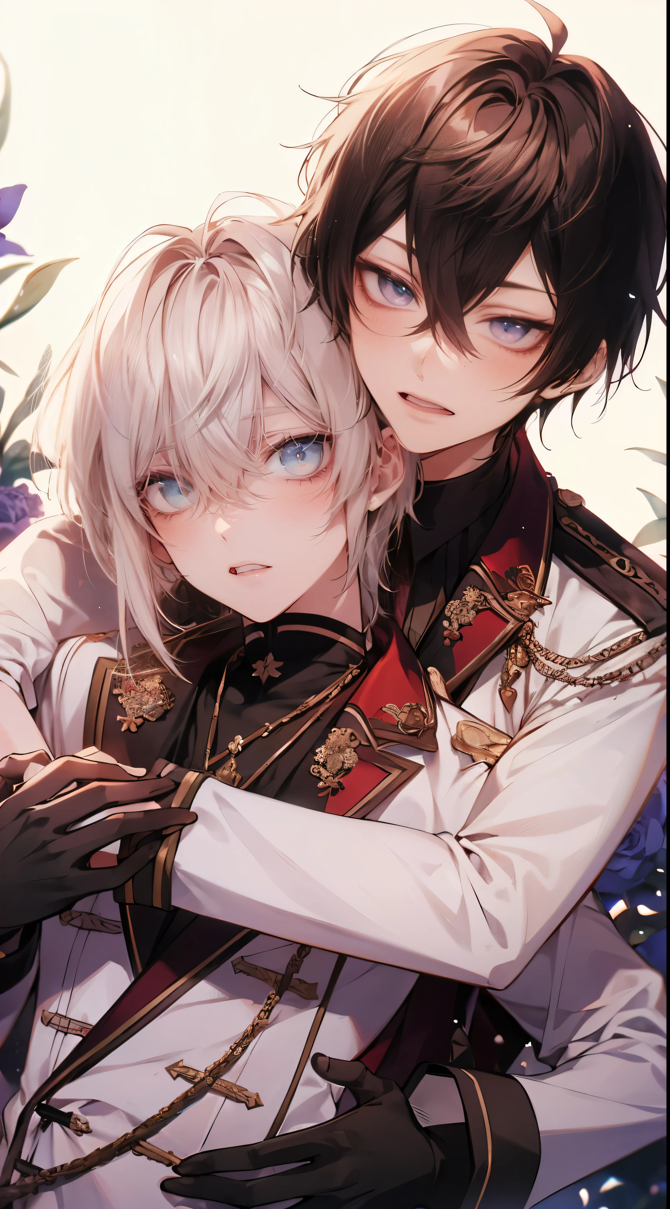 anime style, two handsome young men, Blonde with bangs, short gray hair, blue eyes, Uniform-like outfit with lace details, purple flower, floral pattern on the background, One person hugs the other from behind, expression of surprise, background with light effects, delicate expression, clothes with decorative patterns
